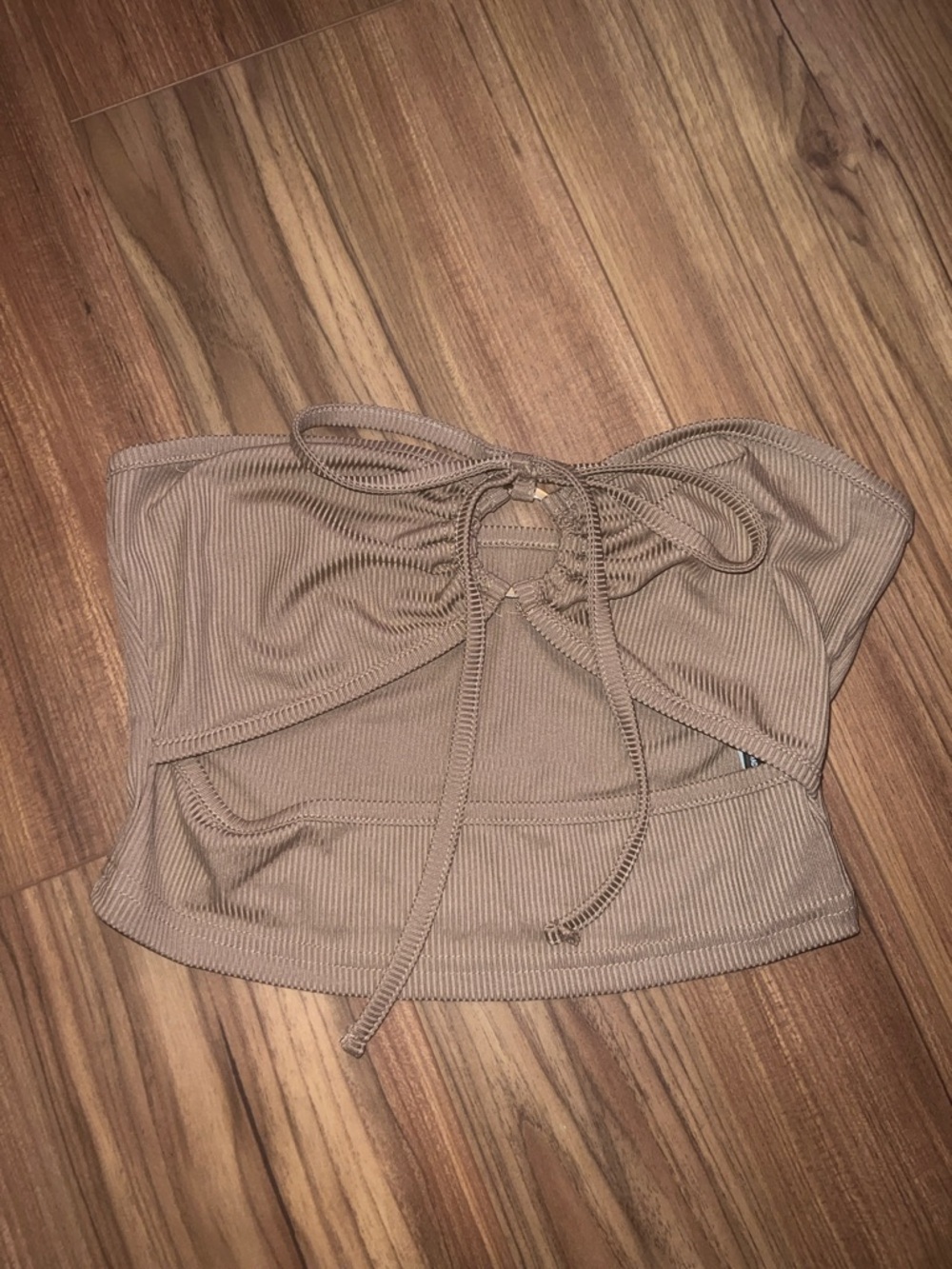 SHEIN Taupe Ribbed Strapless Tie-Front Crop Top